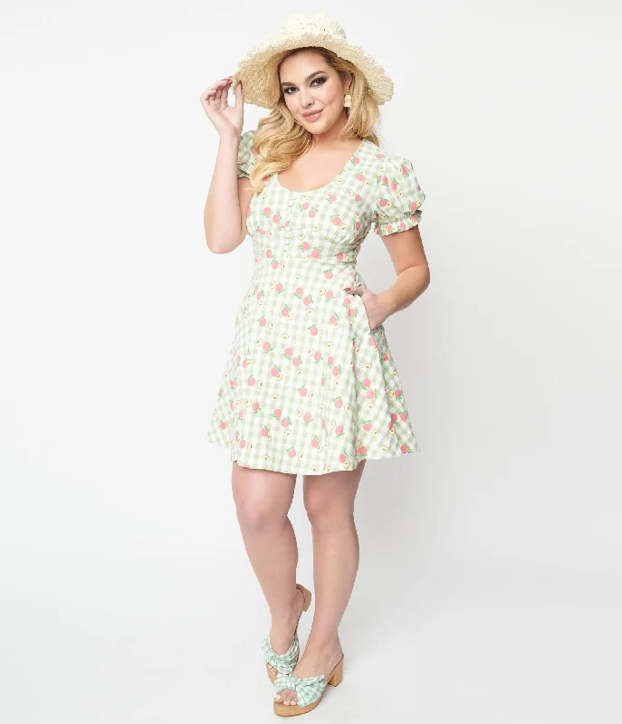 Unique Vintage 1940s Light Green Gingham & Peaches Flare Dress