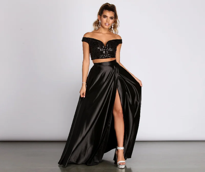 Estella Sequin Off Shoulder Two Piece Satin Dress