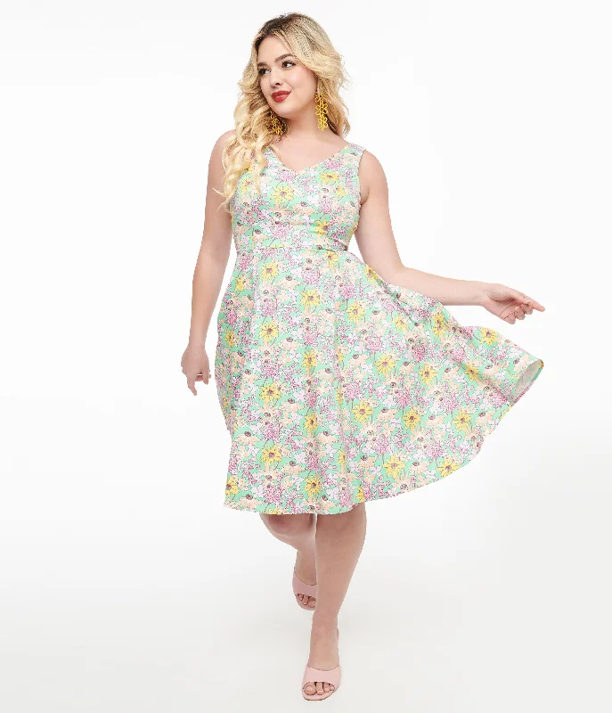 Green & Multicolor Floral Cotton Swing Dress