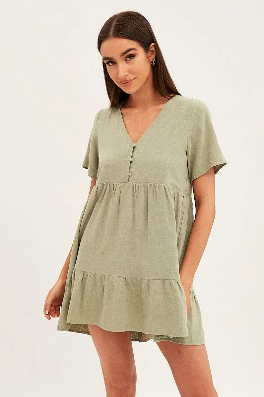 Green Smock Dress Short Sleeve V Neck Linen Blend