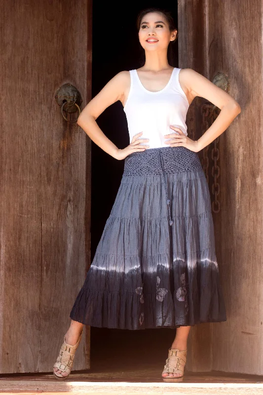 Grey Boho Chic Long Cotton Batik and Crochet Skirt from Thailand