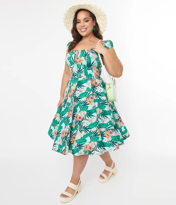 Hell Bunny Light Blue & Green Tropical Ukulele Swing Dress