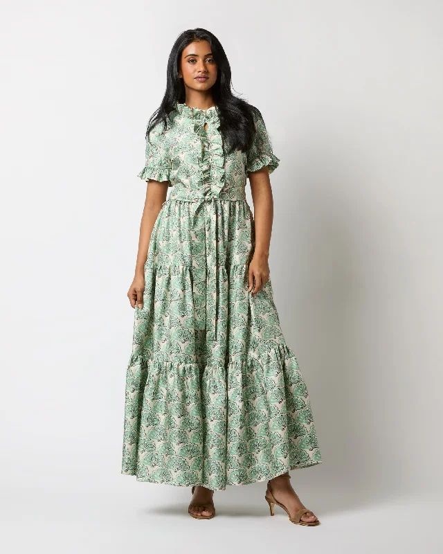 Long & Sassy Dress in Mint Fans Silk Twill