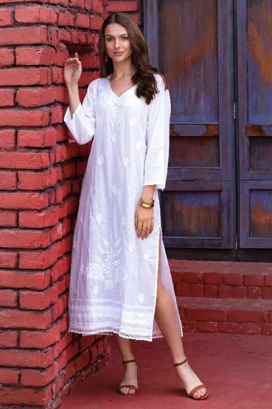 Lucknow Lily Long White Embroidered Caftan from India