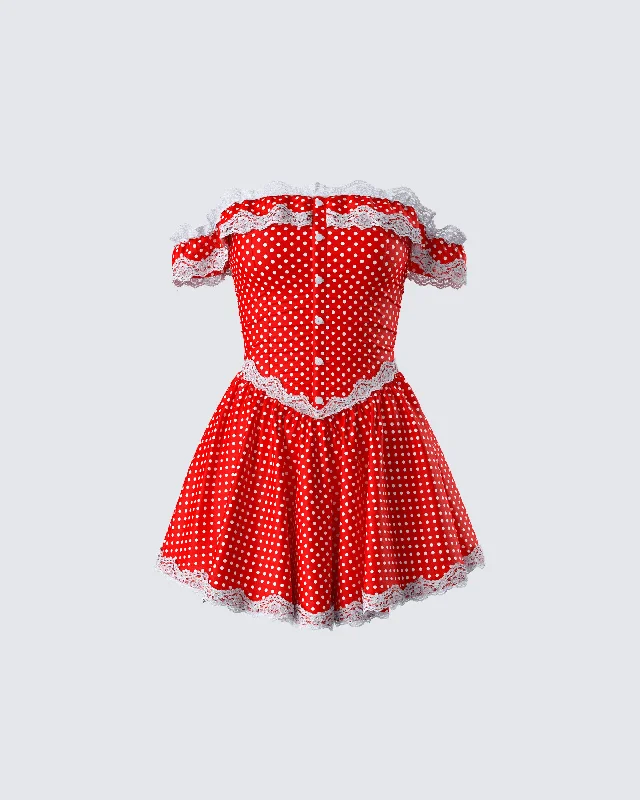 Masami Red Polka Dot Off Shoulder Dress