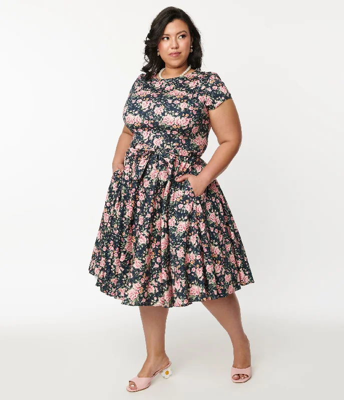 Plus Size Black & Pink Floral Cleo Swing Dress