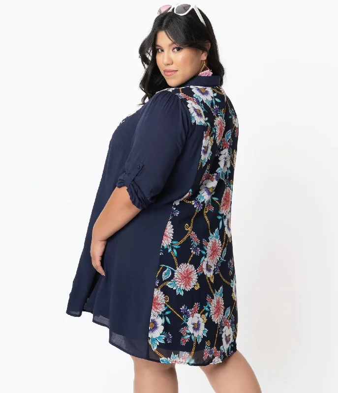 Plus Size Navy Blue & White Embroidered Floral Shirt Dress