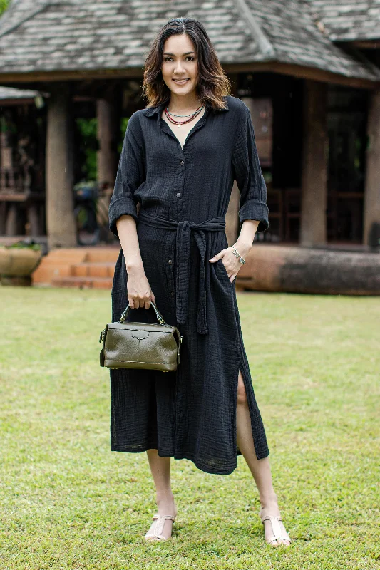 Street Smarts in Black Black Belted Cotton Shirtwaist Dress from Thailand