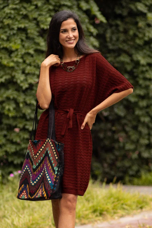 Thalu in Rust Cotton Knitted Belted T-Shirt Dress in Russet Red from Peru