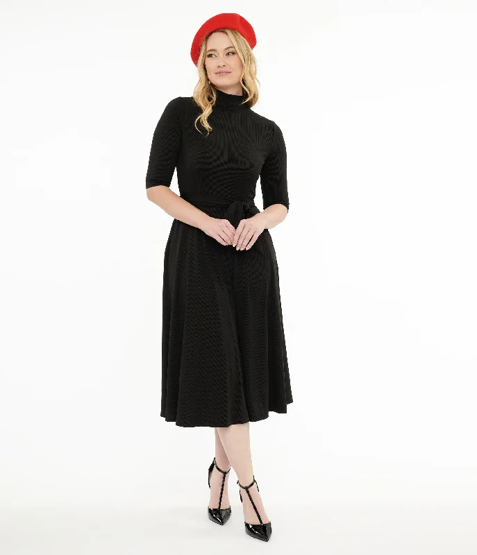 Unique Vintage 1950s Black Turtle Neck Fit & Flare Dress