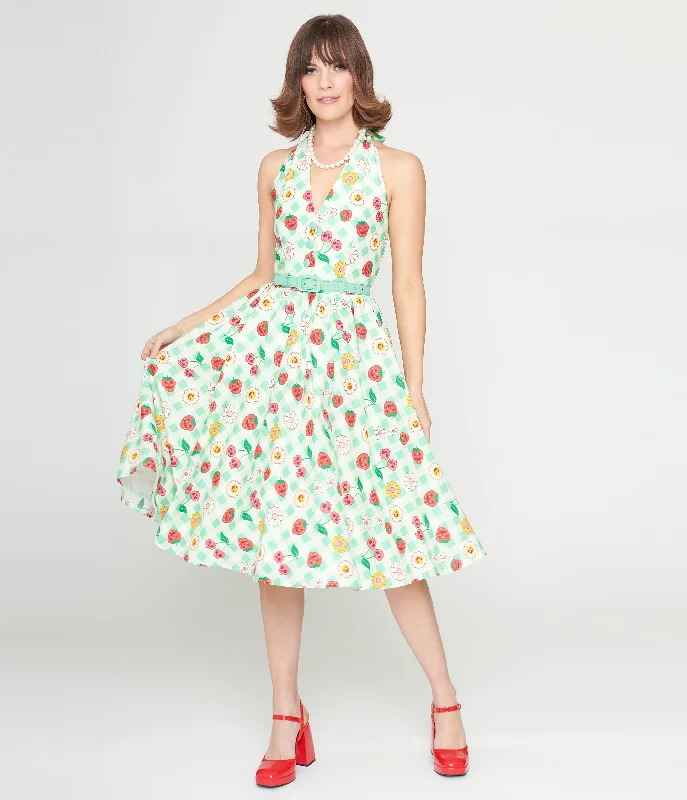 Unique Vintage 1950s Green Gingham Spooky Fruit Print Halter Swing Dress