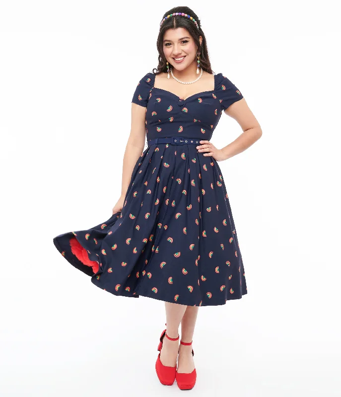 Unique Vintage 1950s Navy & Rainbow Stamp Midge Swing Dress