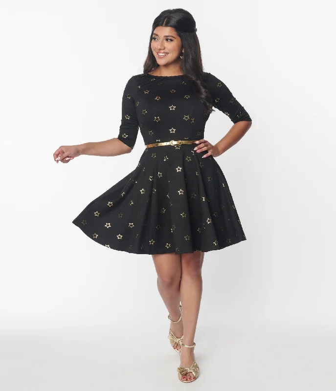 Unique Vintage Black & Gold Star Fit & Flare Dress