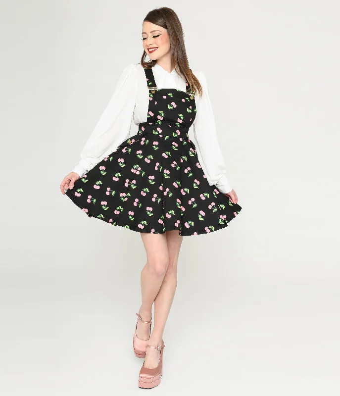 Unique Vintage Black & Pink Cherries Brionne Pinafore Skirt