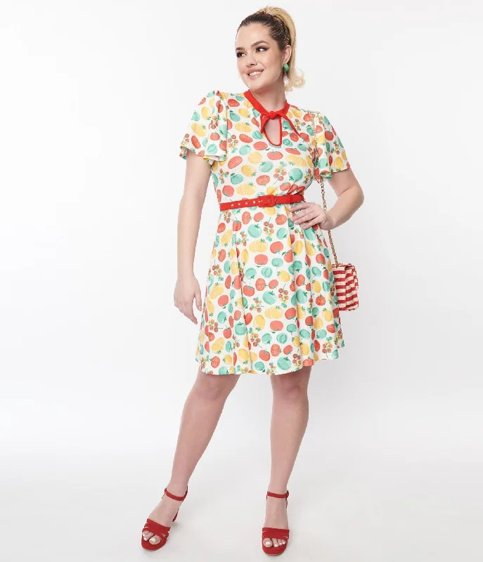 Unique Vintage Ivory & Red Tomato Print Flare Dress