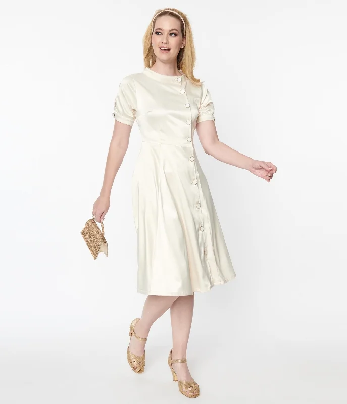 Unique Vintage Ivory Satin Button Bridal Swing Dress