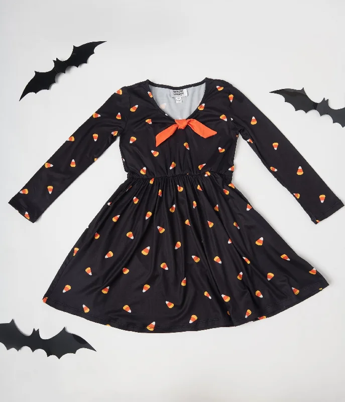 Unique Vintage Kids Black Candy Corn Hello Gorgeous Flare Dress