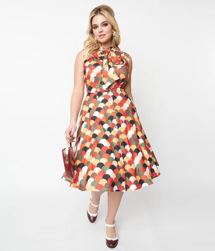 Unique Vintage 1940s Multicolor Scallop Print Ribboned Swing Dress