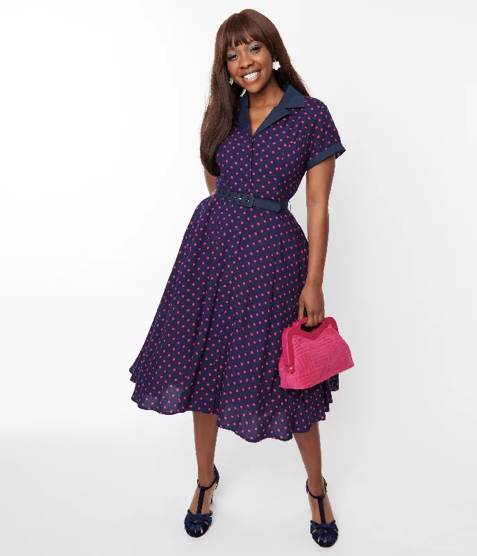 Unique Vintage Navy & Hot Pink Dot Alexis Swing Dress