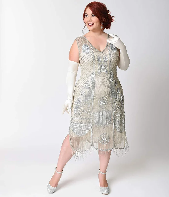 Special Order - Unique Vintage Plus Size 1920s Style Silver Hand Beaded Fringe Bosley Flapper Dress