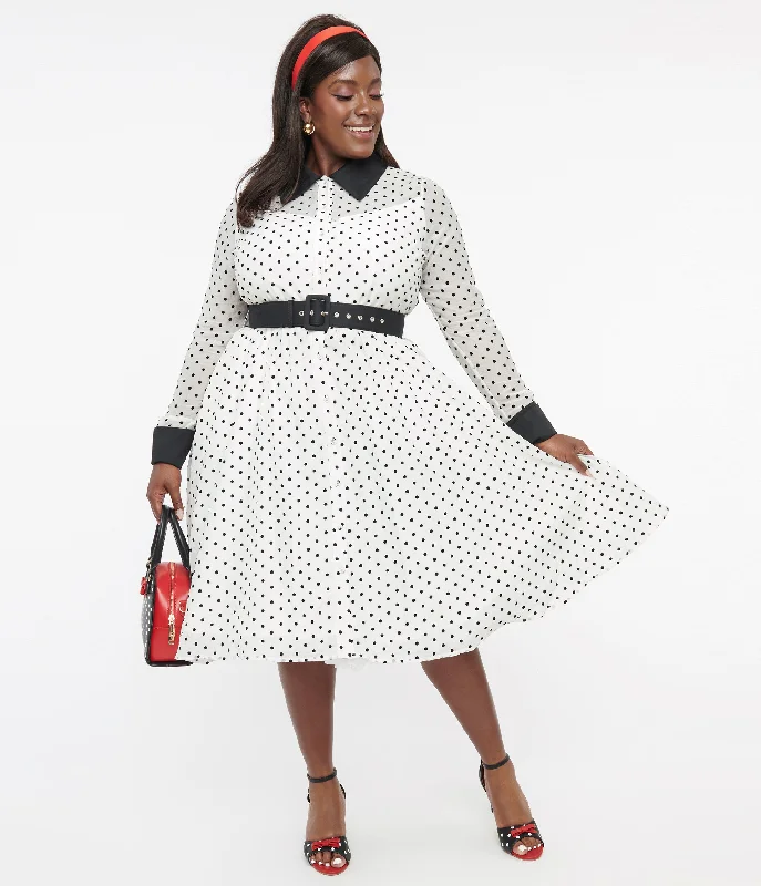 Unique Vintage Plus Size 1950s Ivory & Black Polka Dot Tulle Swing Dress