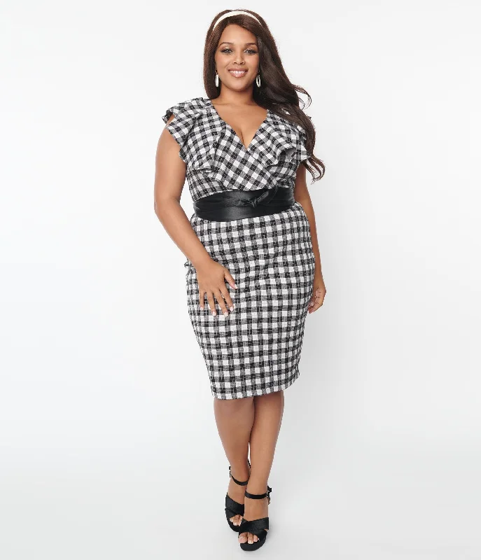 Unique Vintage Plus Size Grey & Black Plaid V-Neck Ruffle Wiggle Dress