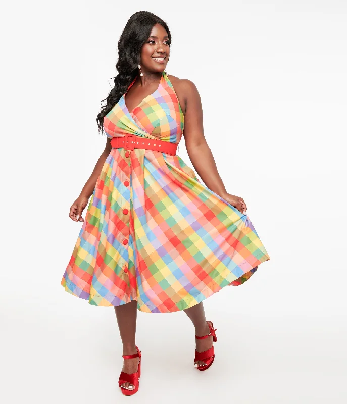 Unique Vintage Plus Size Rainbow Madras Plaid Tarrytown Hostess Dress