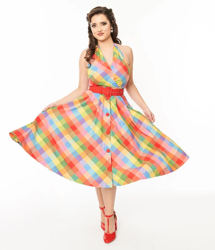 Unique Vintage Rainbow Madras Plaid Tarrytown Hostess Dress