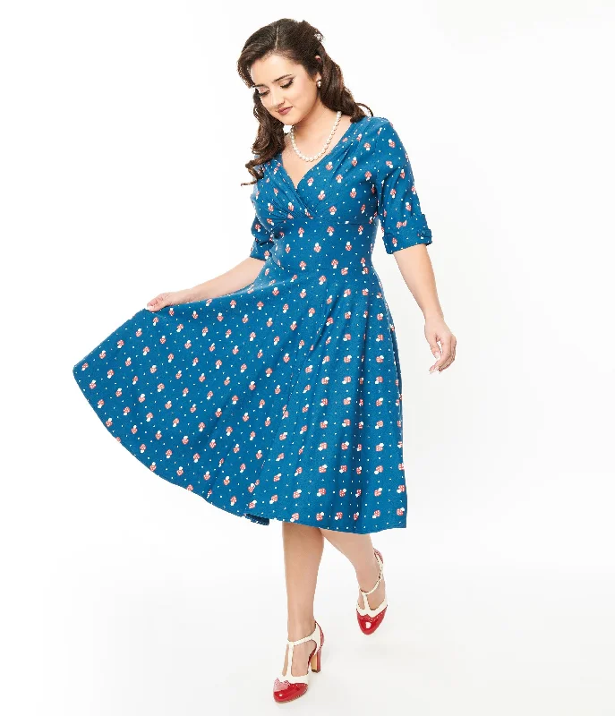 Unique Vintage Teal Mushroom Stamp Delores Swing Dress