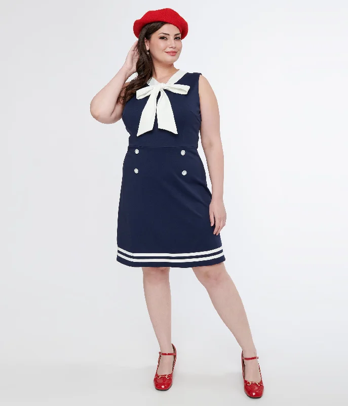 Voodoo Vixen 1950s Navy & White Nautical Bow Dress