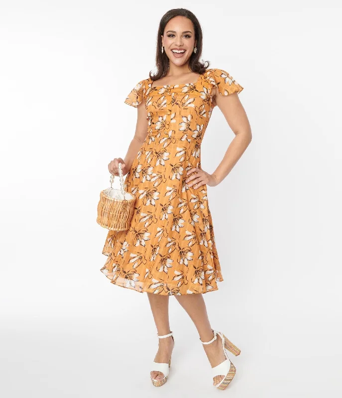 Voodoo Vixen Mustard & White Floral Swing Dress