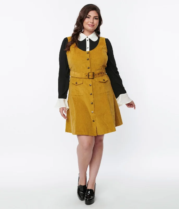 Voodoo Vixen Mustard Yellow Corduroy Belted A-Line Dress