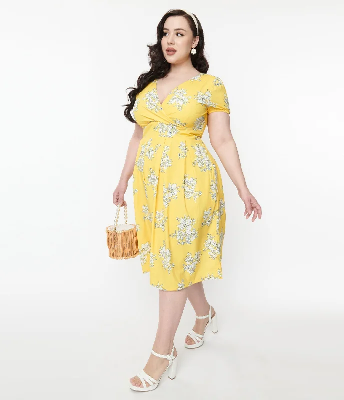 Yellow & White Floral Surplice Swing Dress